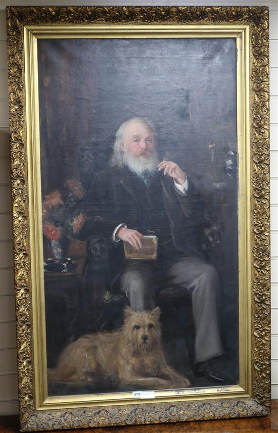 Late 19th century English School, oil on canvas, full length portrait of a seated gentleman with a terrier, 126 x 70cm